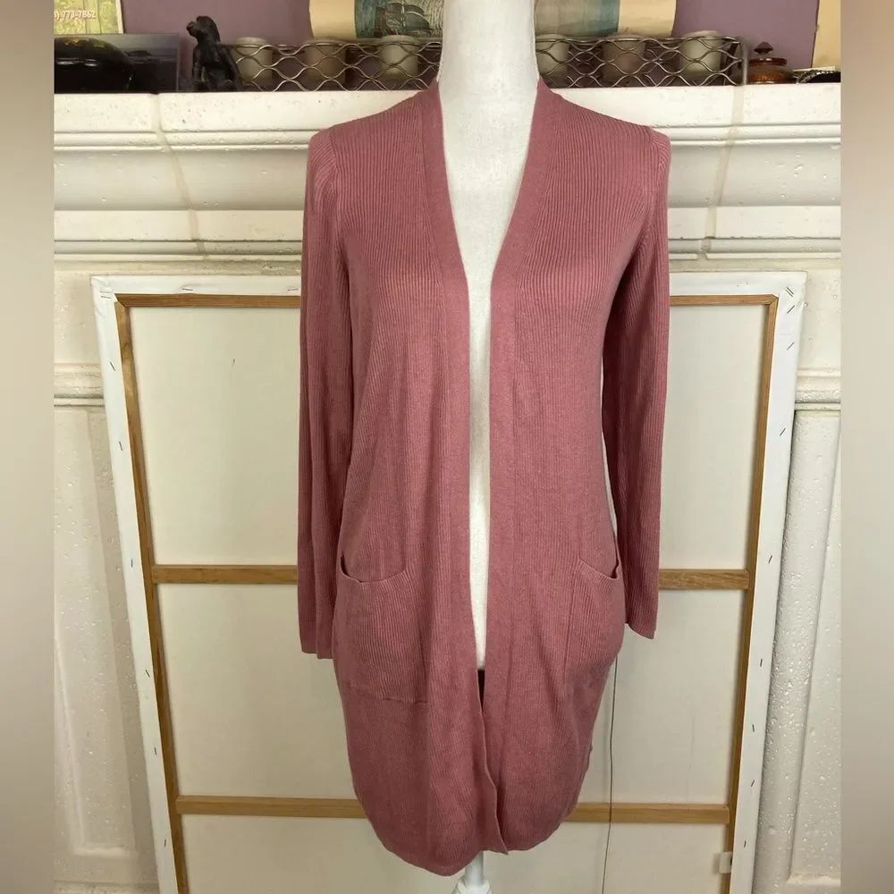 J. Jill Ribbed Dusty Rose Open-Front Cardigan w/ pockets lightweight ribbed